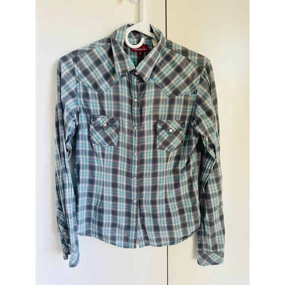 Y2K Panhandle Western Shirt Womens Size Small Pearl Snap/Rhinestone Plaid - Picture 4 of 7